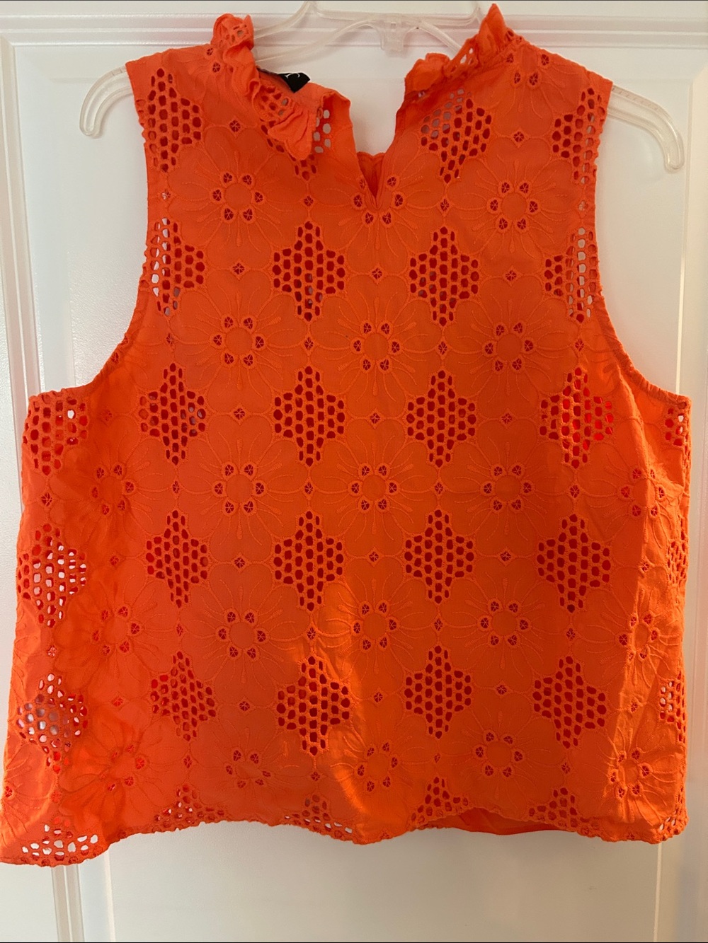 J. Crew Bright Orange Eyelet Ruffle Neck Sleeveless Top - Picture 3 of 3
